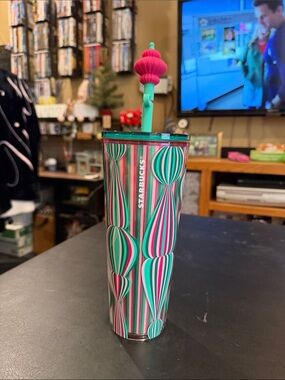 Starbucks Green and Pink Striped Christmas Tumbler with Christmas ornament